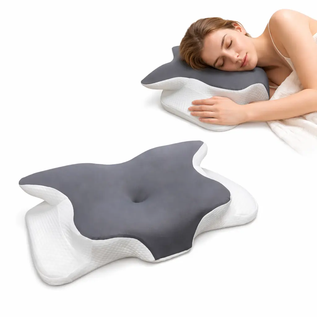 Double-Sided Contoured Neck Pillow, Supportive Memory Foam with Cooling Cover, Zoned Design, and Extra-Large Armrest for Side, Stomach, and Back Sleepers removable pillowcase