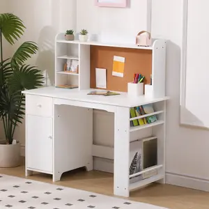 Garvee Ergonomic Kids Desk and Chair Set - Wooden Study Table with Bookshelf Bulletin Board Storage Shelves - Ideal for Boys & Girls for Learning and Writing at Home or School - White and Pink