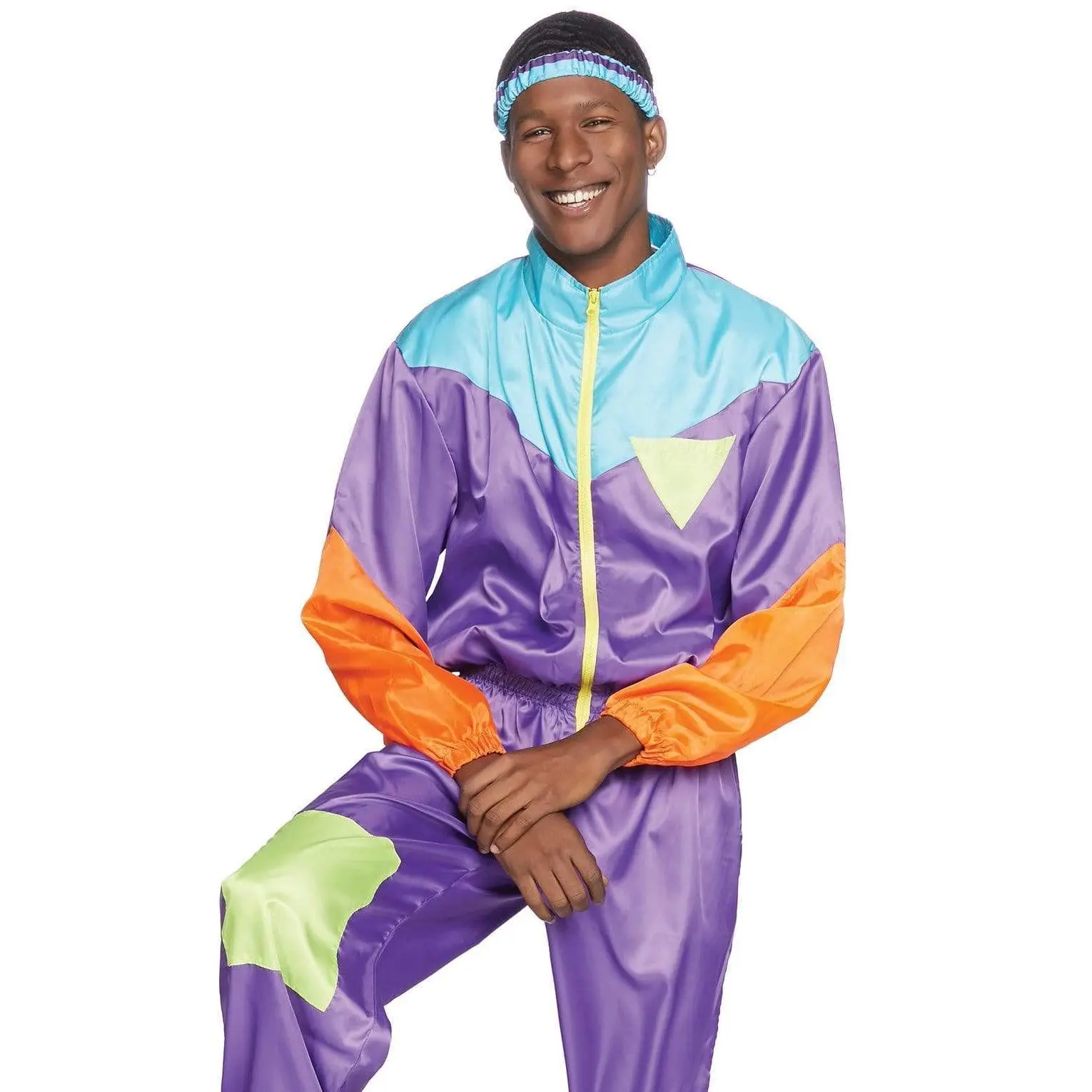 Men's 80s Retro Colorblock Track Suit Costume, Full-Length Relaxed Fit Warm-Up Suit with Headband for Halloween Fitness Costume Ideas, Matching, Classic, Jumpsuit, Tracksuit, Menswear, Sporty Chic, Clothes, Sneakers, Trick Or Treat, Athletic, Matching Set