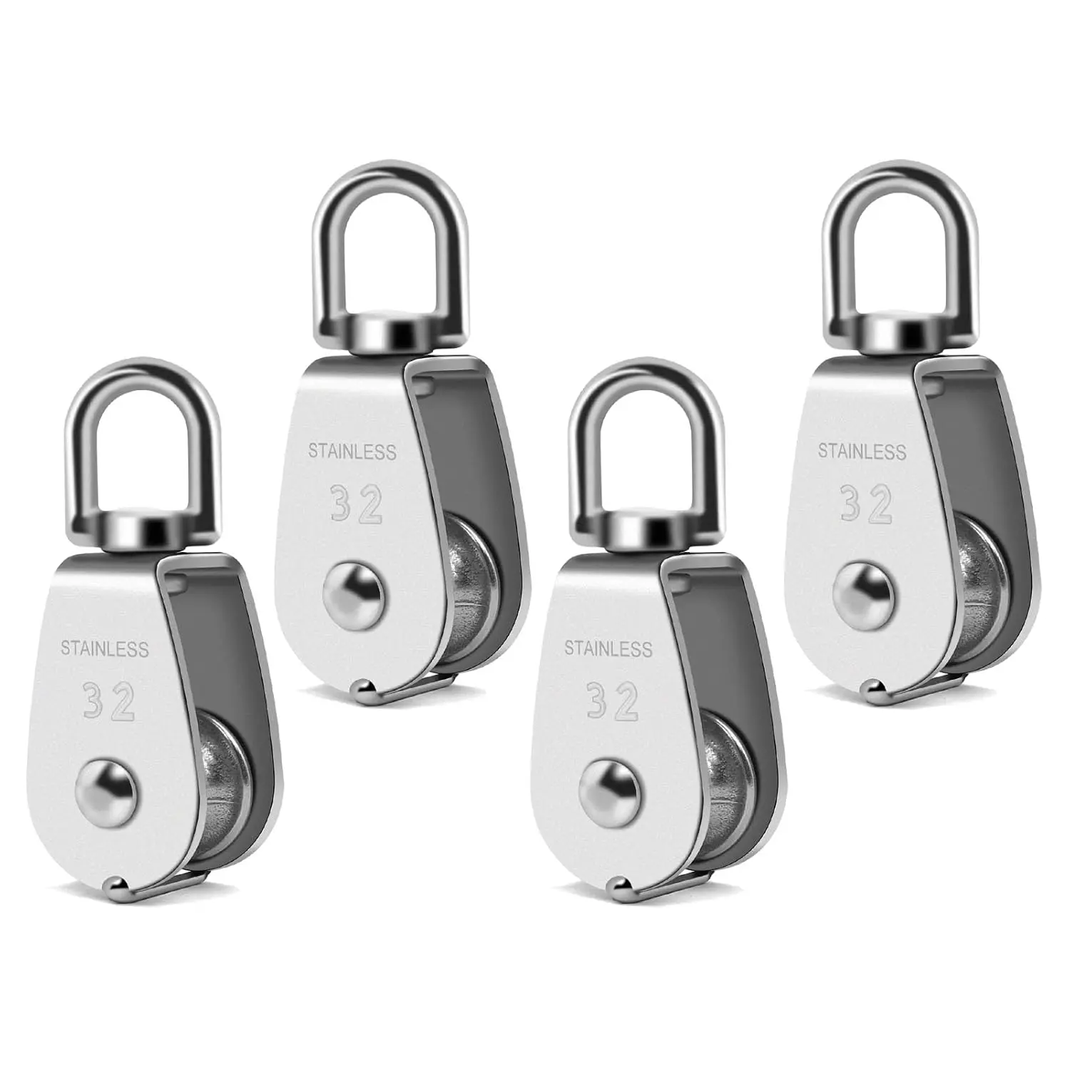 4 count M32 Single Pulley Snatch Block 304 Stainless Steel Lifting Crane Swivel Hook, 2/5" Rope x 1.2" Sheave