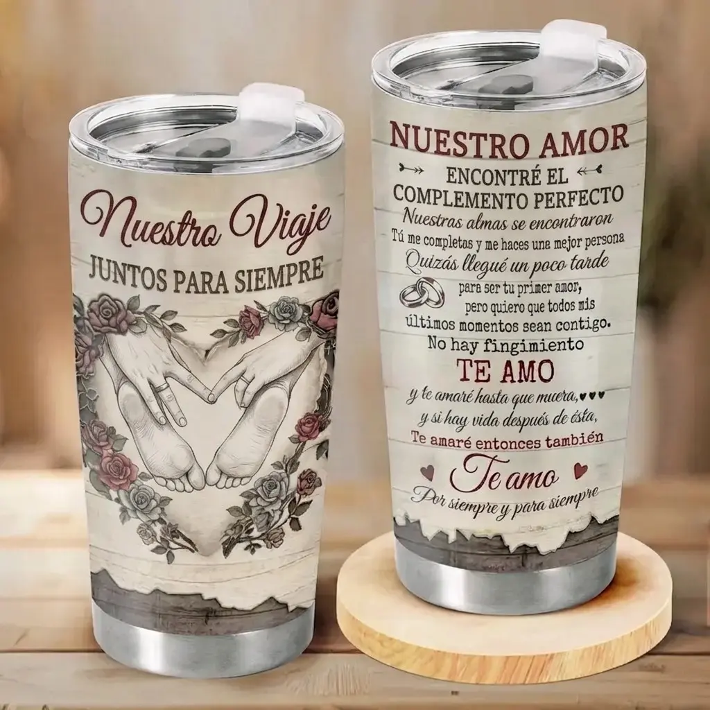[BNB] “Nuestro Viaje” Insulated Tumbler 20oz 30 oz – Spanish Romantic Love Quote “Juntos Para Siempre” for Eternal Journey Together, Stainless Steel Cup from Husband Boyfriend to Wife Girlfriend, Ideal Valentine's Day Anniversary Mother's D