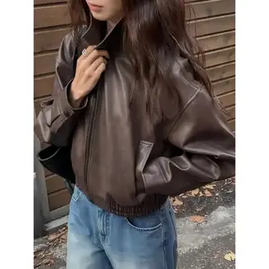 Women's Fall Leather Jacket, Short Regular Fit Coat, Perfect for Winter, Stylish Ladies Outerwear for Casual Wear Fitted Womenswear