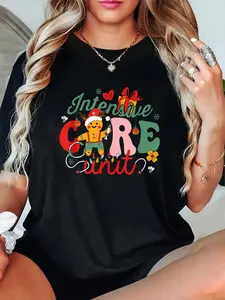 100% Cotton Unisex ICU When You're Sleeping Nurse Christmas Critical Care Ccu T-Shirt，Autumn Women's T-shirt Christmas Happy Letter Snowflake Fun Pattern