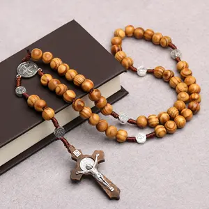 TOP-FASHION - Catholic Wood Beaded Rosary Necklaces For Women Christian INRI Crucifix Cross Pendant Long Chain Men Religion Prayer Jewelry