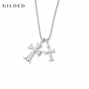 Silver Double Cross Pendant Y2K Necklace