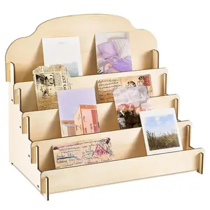 Large Greeting Card Display Stand Tiered Wooden Display Stand for Postcard Brochure Photos  Snacks Sticker Holder for Vendors, Counter Retail(15.8 x 10.4 x 14.2 Inch,Beige)