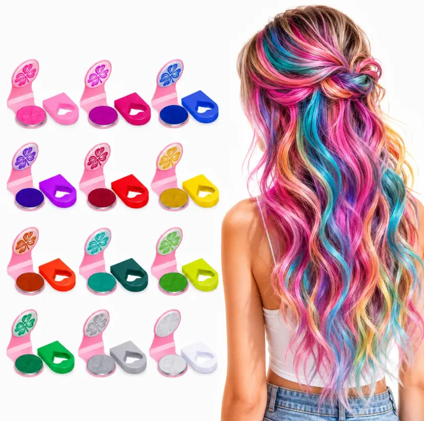 Alcohol-Free Compact Temporary Hair Chalk Dye -  8/12 Colors, Vibrant Looks for Brunette Transformation, DIY Styling, Event Use & Hair Dye Ideas