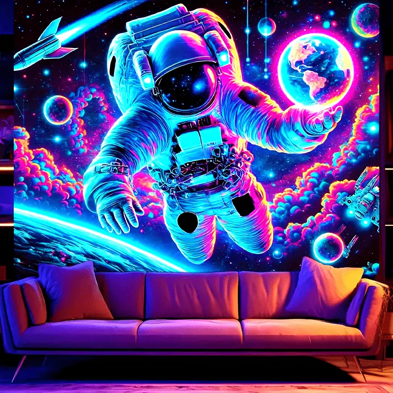 1pc HEGO Large Glow-in-the-Dark Fluorescent Space Astronaut Tapestry - Synthetic Polyester Home Supplies, Uncorded Indoor Wall Decor, Sci-Fi Space Theme Multi-Purpose Wall Hanging for Bedroom, Living Room