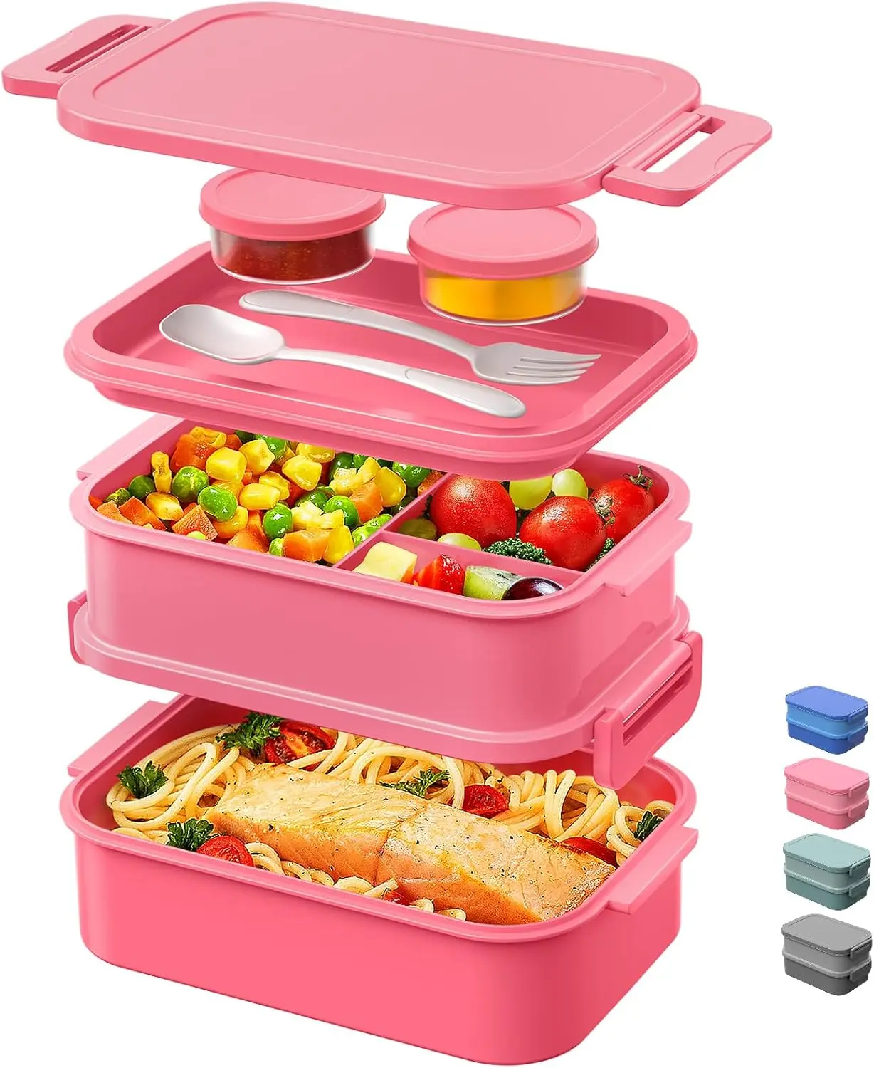 Adults Bento Box Lunch Box - Stackable All-in-One Leakproof Bento Lunch Box for Adults Women Girls 74 OZ Large Lunch Containers with Fork Spoon Sauce Boxes for Work School Dining Out, Pink