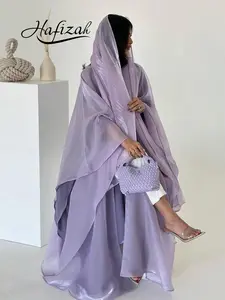 Hafizah Sheer Glossy Loose Fit Abaya Outerwear, Large Batwing Sleeve Long Cardigan, Middle Eastern Luxury Women's Clothing