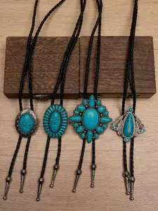 Western Cowboy Bolo Tie Turquoise Inlay Vintage Metal Necktie, Retro Shirt Accessory, American Style, Distressed Finish, Jewelry Accessories