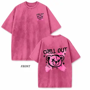 "Vintage Grunge Stitch Bear Chill Out Drip Cross Double Sided Print" Washed Tee Dark Sweet Egirl Aesthetic Top for Alt Y2K Fans Oversized Casual Tshirt