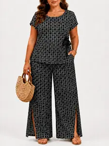Women's Plus Size Curvy 2-Piece Printed Lounge Set - Round Neck Batwing Short Sleeve Top, Wide Leg Pants with Side Tie & Pockets, Summer Casual Beach Wear Women's Clothes