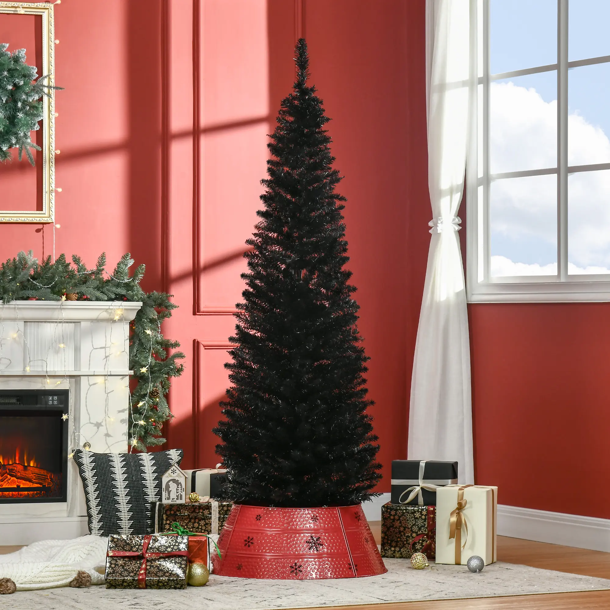 6ft Unlit Black Pencil Christmas Tree 390 Realistic Branch Tips Plastic Stand No Watering No Fire for Office Corner Balcony Family Game
