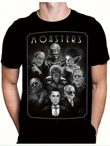 Men's Vintage 1930s Monster Horror Movie Print T-Shirt, Frankenstein Dracula Werewolf Bride, Short Sleeve for Halloween Cosplay Classic Fans