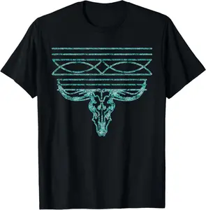 100% Cotton Unisex Menswear T-Shirt, Natural Shortsleeve Round Neck, Retro Western Turquoise Boot Stitch Rodeo Cow Fashion Top