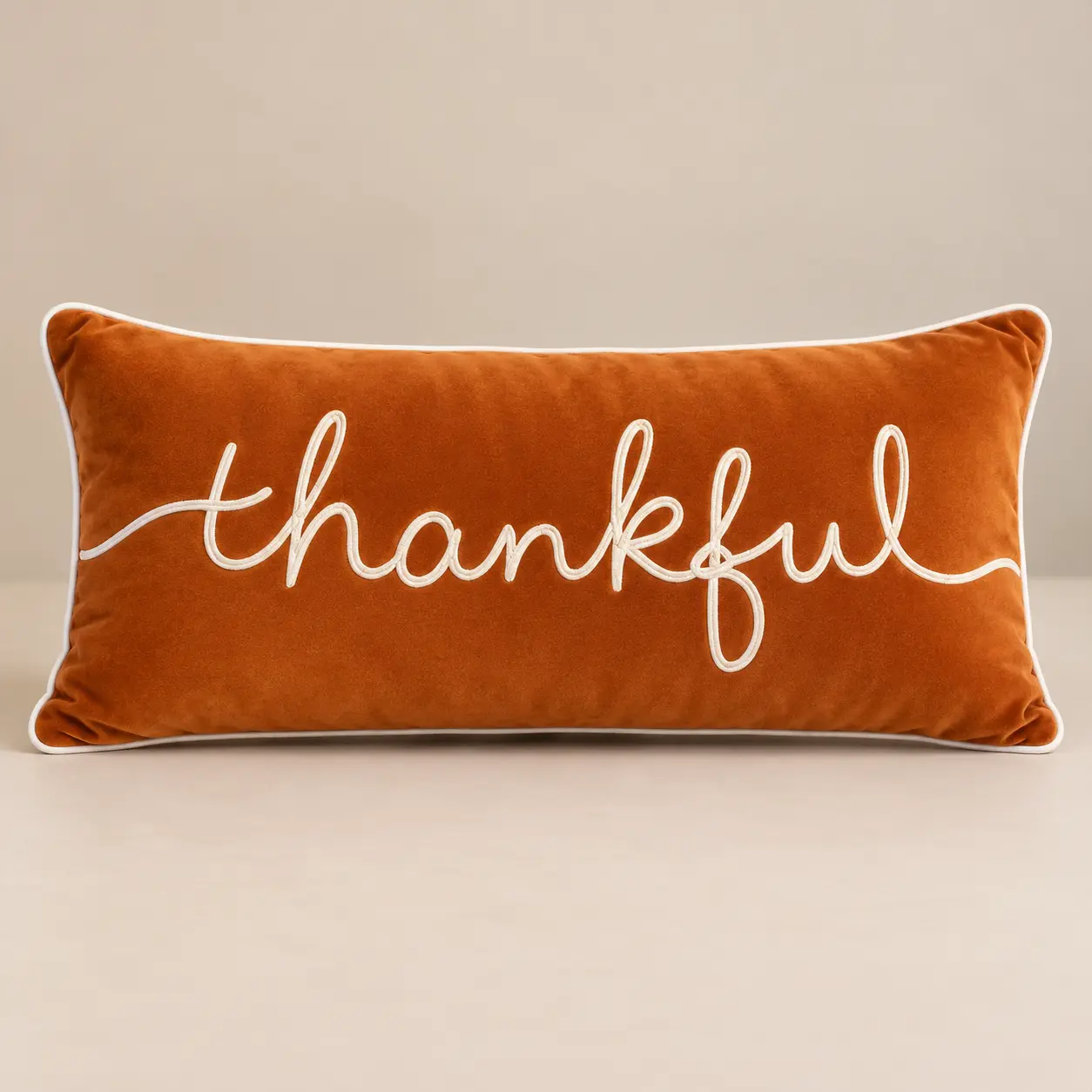 Burnt Orange Velvet Bolster Pillow - 12x24 in, White Embroidery, Thankful Themed, for Fall & Thanksgiving Home Decor Accents
