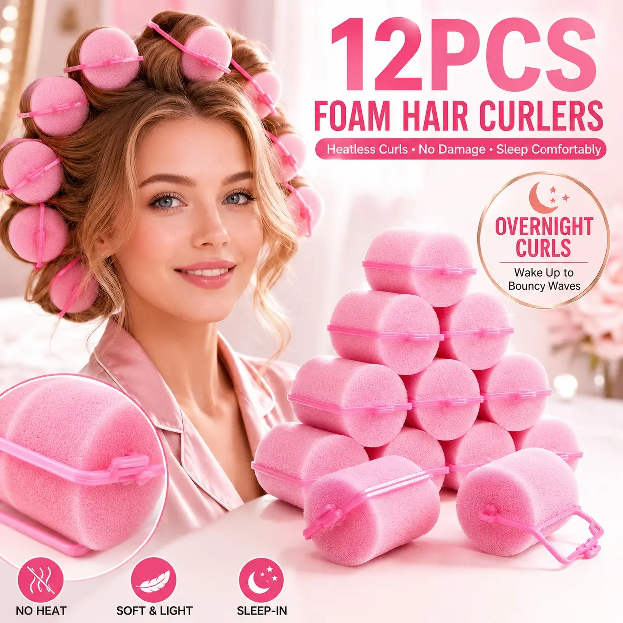 Foam Hair Rollers, Heatless Sleep-In Curlers for Overnight No-Damage Curls, Volumizing Bangs, Inner-Curl Ends & Soft Waves, Easy Sponge Curling Tools, Hair Styling Tools for Women, Curly Hair Tool