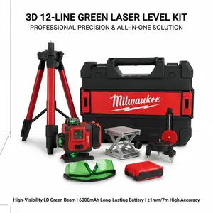 Milwaukee 3D 12 Line Green Laser Level 360 Degree Self Leveling High Precision Laser Tool with 6000mAh Battery Tripod Magnetic Bracket Lifting Platform Remote Control and Hard Case