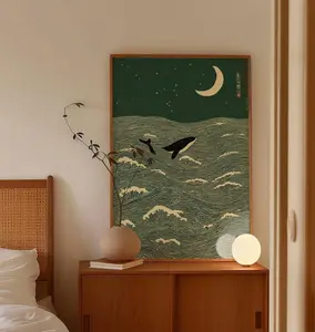 [No Frame] Orca Whale Print in Japanese Woodblock Lino Style Green Cream Poster (No Frame)