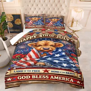 2/3Pcs 4th of July Highland Cow Comforter Set, Vintage American Flag Fireworks Sunflower Print Quilt Bedding Set with Pillowcases, Rustic Patriotic Bedding for Kids Adults Bedroom, Independence Day Holiday Home Decor