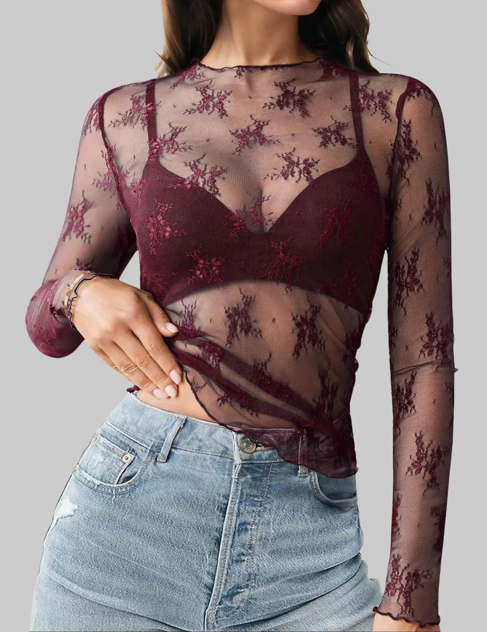Women's Mesh Sheer Tops Long Sleeve Layering Top Mock Neck See Through Floral Lace Shirt Blouse Casual Chic summerwins