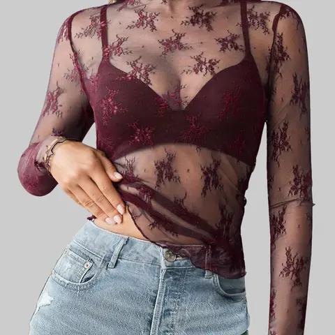 Women's Fully Sheer Hollow Floral Lace Mock Neck Long Sleeve Mesh Blouse - Transparent Clothes for Women, Chic Going Out Top, Date Night Top, Breathable Casual Layering Piece
