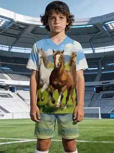 Grassland Running Horse Artistic Boys' V-neck Sports Short-sleeve and Shorts Set, 100% Polyester, Casual and Loose, Summer Casual Fashion with Fun Printed Patterns, Suitable for Summer Outdoor Physical Activities, Daily Casual Wear, the Perfect Gift for B