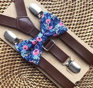 Navy & Pink Rose Bow Tie and Dark Brown Vegan Leather Suspenders Set