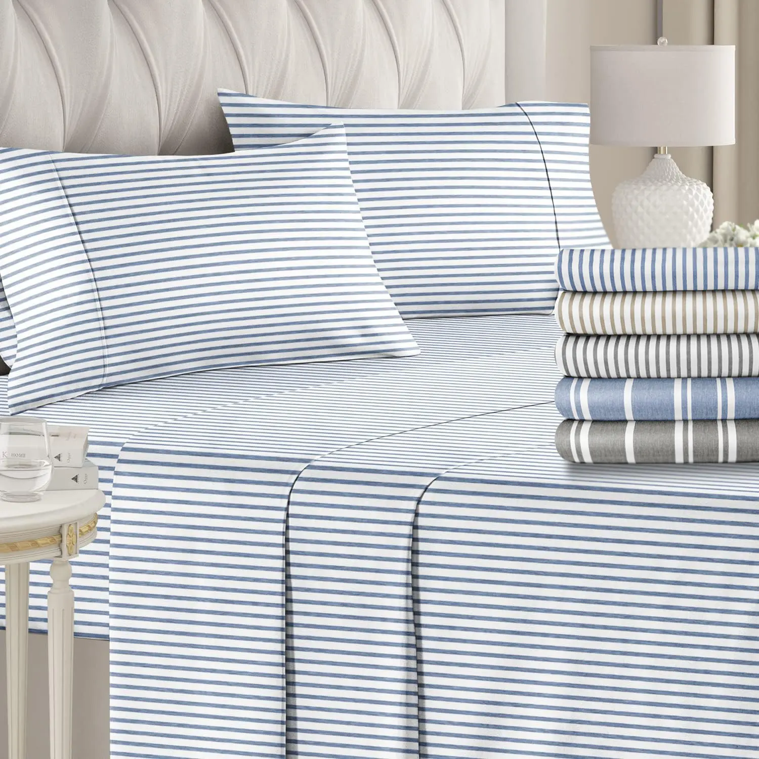 CGK | Printed 4-Piece Stripe Sheet Set – Soft Microfiber Bedding, Deep Pocket, Wrinkle-Free, Cooling, Chic Design Bedsheet Sets CGK | Printed 4-Piece Stripe Sheet Set – Soft Microfiber Bedding, Deep Pocket, Wrinkle-Free, Cooling, Chic Design Bedsheet Sets