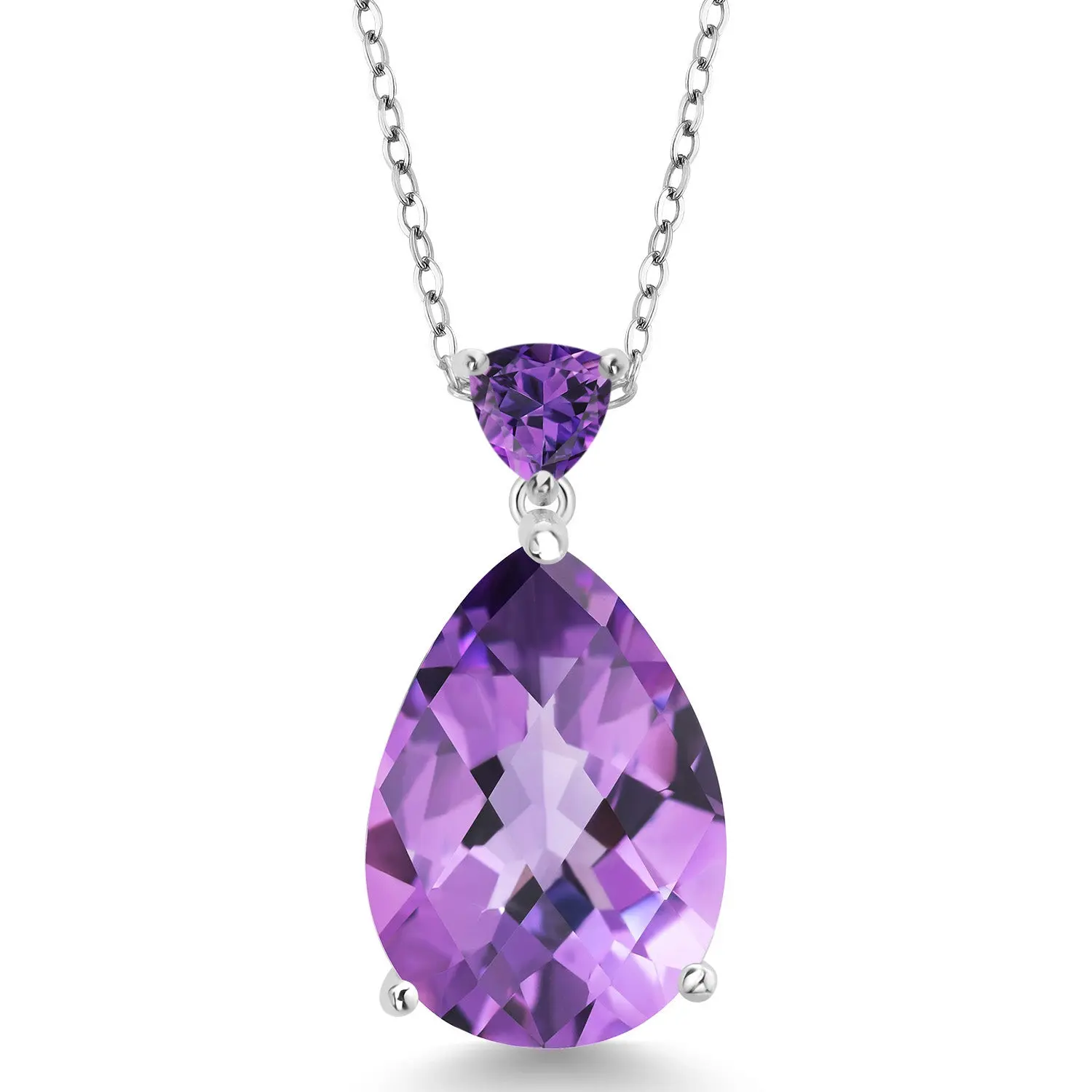 10.22 Cttw Purple Amethyst Pendant Necklace For Women | 925 Sterling Silver | Gemstone Birthstone | Pear Shape Checkerboard 18X13MM | With 18 Inch Chain