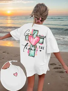 Christian "God Is Always Good" Cross & Letter Print T-Shirt, Casual Short Sleeve Crew Neck Faith Apparel, Summer White