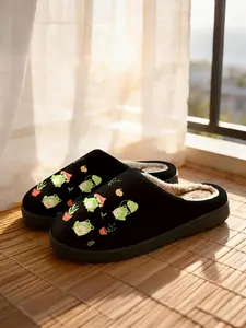 Cute Frog Cotton Slippers, Cartoon Frog with Mushroom Hat, Soft Plush Lining, Casual Home Shoes for Fall & Winter, Warm Slippers