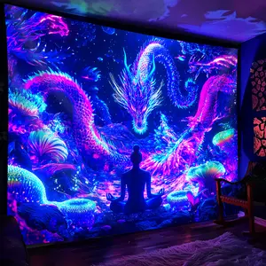 1pc Large Fluorescent Dragon Tapestry - Vibrant Underwater Meditation Scene with Glowing Fluorescent Lighting, Fantasy Party Banner, Aesthetic Bedroom & Living Room Wall Decor, No Installation Needed, Polyester, Indoor Use, Dragon Decor