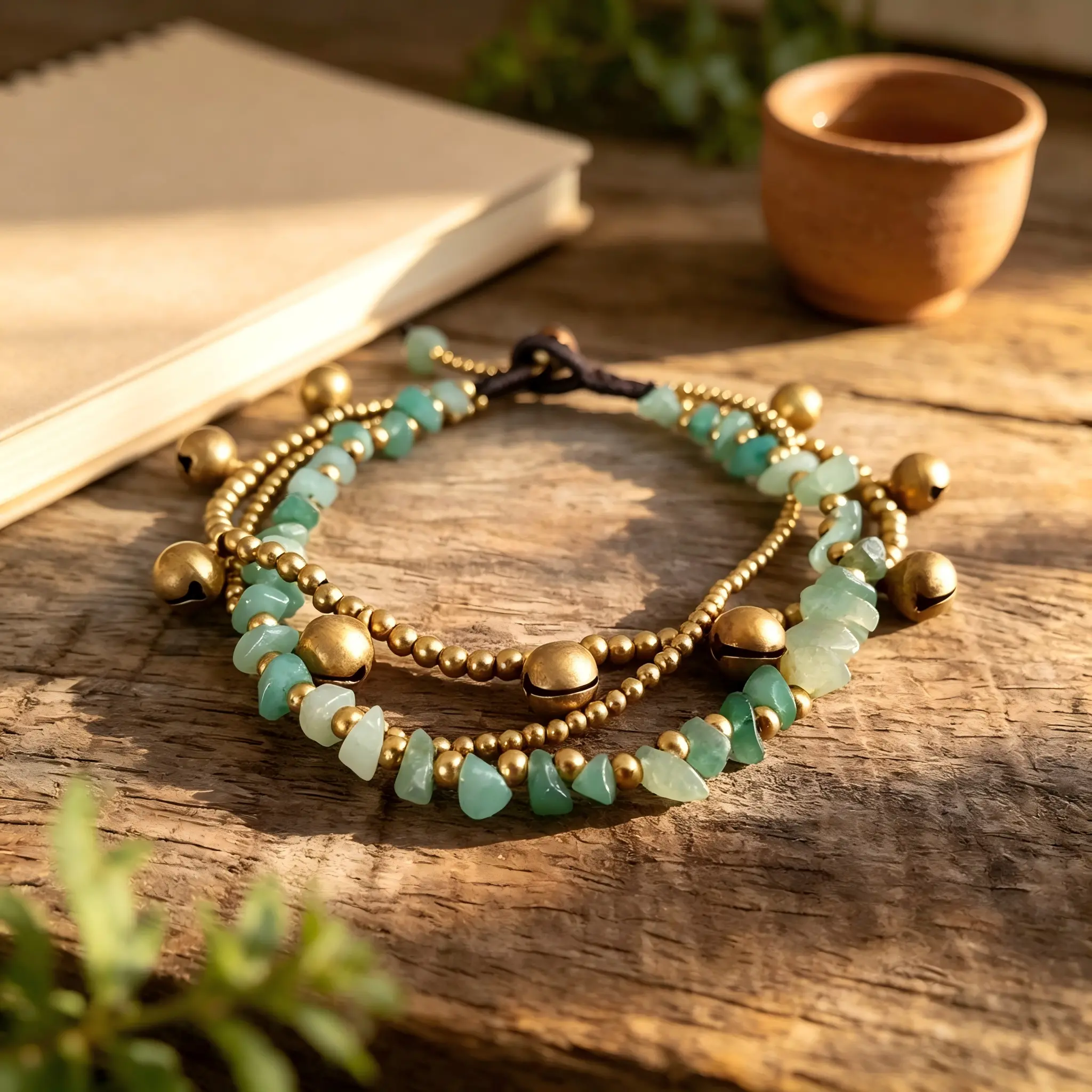 Multi-Layer Bohemian Green Crystal Chips Bracelet With Tiny Copper Bells, Relaxing Soothing Chime Sound Handmade Beaded Jewelry, Trendy Women Accessory Perfect For Summer Beach Holiday & Birthday Gift