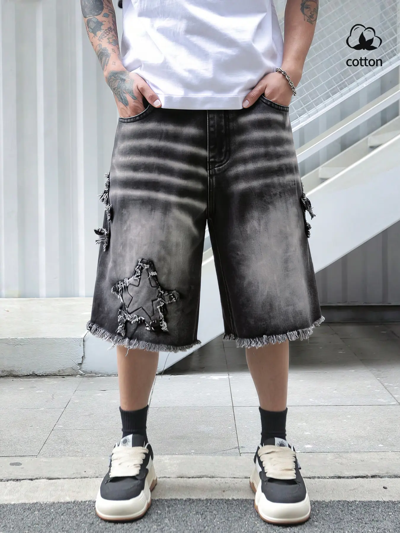 mens jeans Low Rise Raw Hem Denim Shorts Beige Black