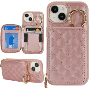 P-PCS06   for iPhone 14 Case Wallet with Card Holder,for iPhone 14 Phone case Wallet with Zipper with Slot Kickstand Stand Case for Women and Man-Rose Gold