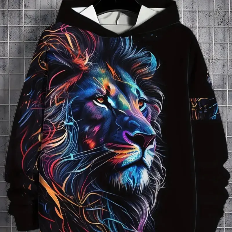 Leo Hoodie - Black Graphic Print with Lion Design, Hooded Style, Casual Wear, Versatile Look hoodies nz