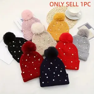 Artificial Pearl Decor Beanie Hat, Winter Warm Knit Hat with Pom Pom, Double-sided Solid Color Beanie for Women & Men