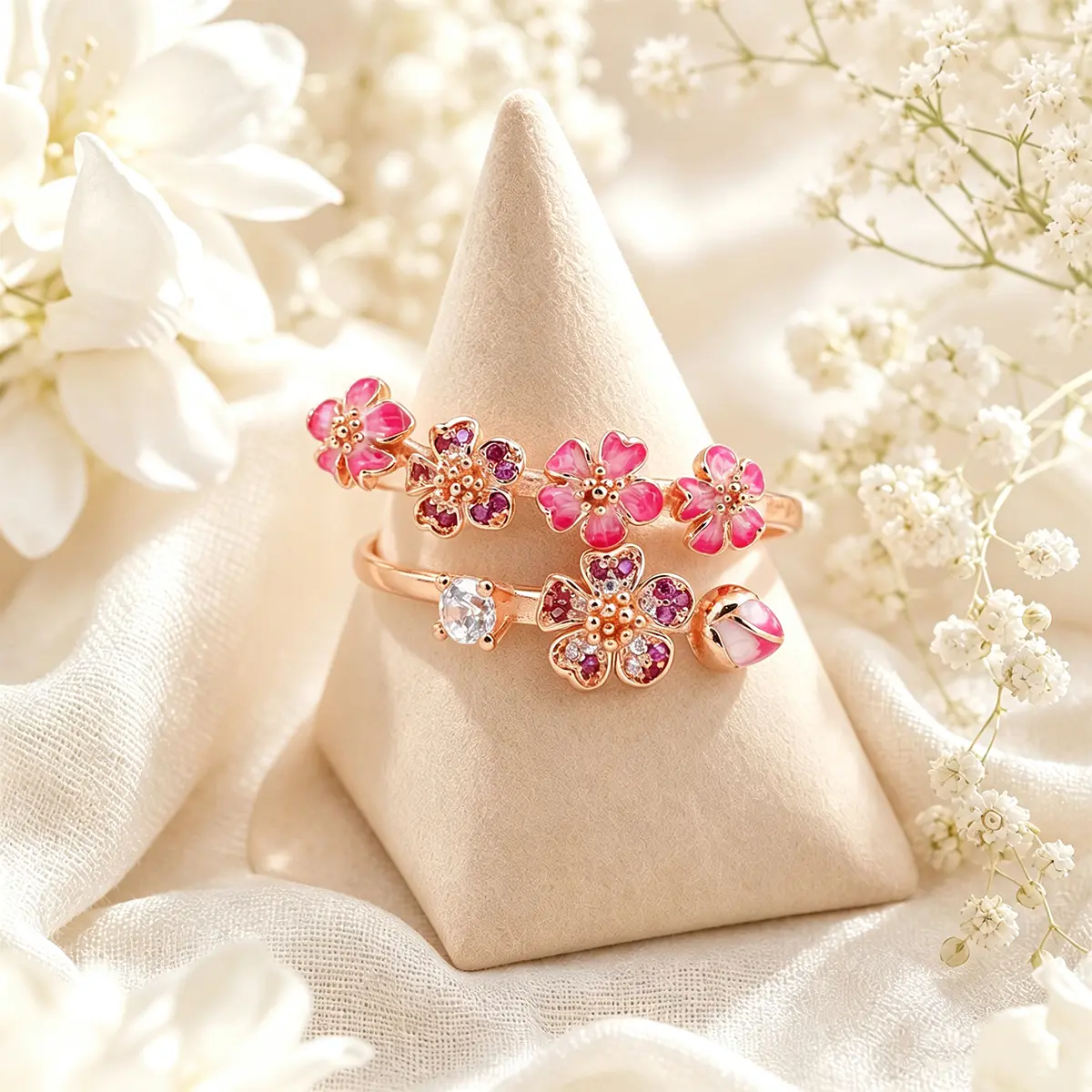 Pink Peach Blossom Open Ring-Floral Twist Promise Ring for Women,  Gold Plating Enamel Flower Branch,Trendy Best Friend Gift Finger Jewelry Openwork Ring