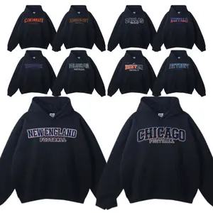 Vintage Style Football Teams Crewneck Hoodie, Basic City Football Print Black Color, Classic Sunday Game Day Apparel, All Team Football Hoodie Outfits For Women, Men's Clothing