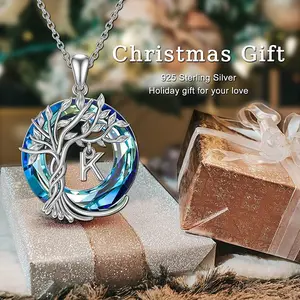 Sterling Silver Family Tree Necklace for Women, Circle Pendant with Crystal Accents & Initial Charm, Dainty Chain Jewelry for Family Love, Gifts for Mom/Grandma/Her