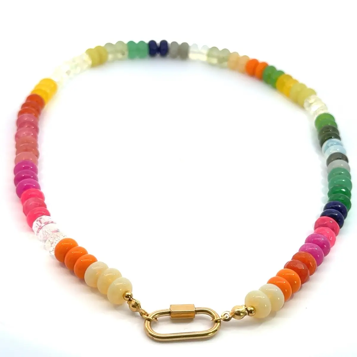 Beaded Necklace with Semiprecious Stones for Men & Women, featuring a Tarnish-Resistant Gold-Tone Stainless Steel Lock Pendant, Fashionable Accessory, Beaded Necklaces