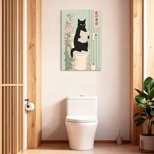 Japanese Black Cat on A Toilet Canvas Poster Prints Modern Wall Decor for Bedroom Office Living Room Easy Install