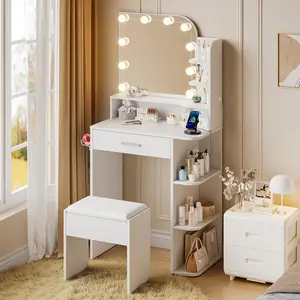 Small Makeup Vanity Desk with Mirror and Lights, 26.4" Small Vanity for Small Space with Stool and Charging Station, Compact Vanity with 3 Color Lighting Modes (White)