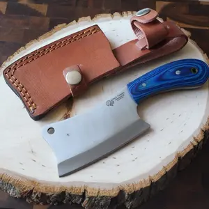 7" Mini Kitchen Cleaver Full Tang Blue Wood Handle Carrying Sheath - Compact & Practical Design