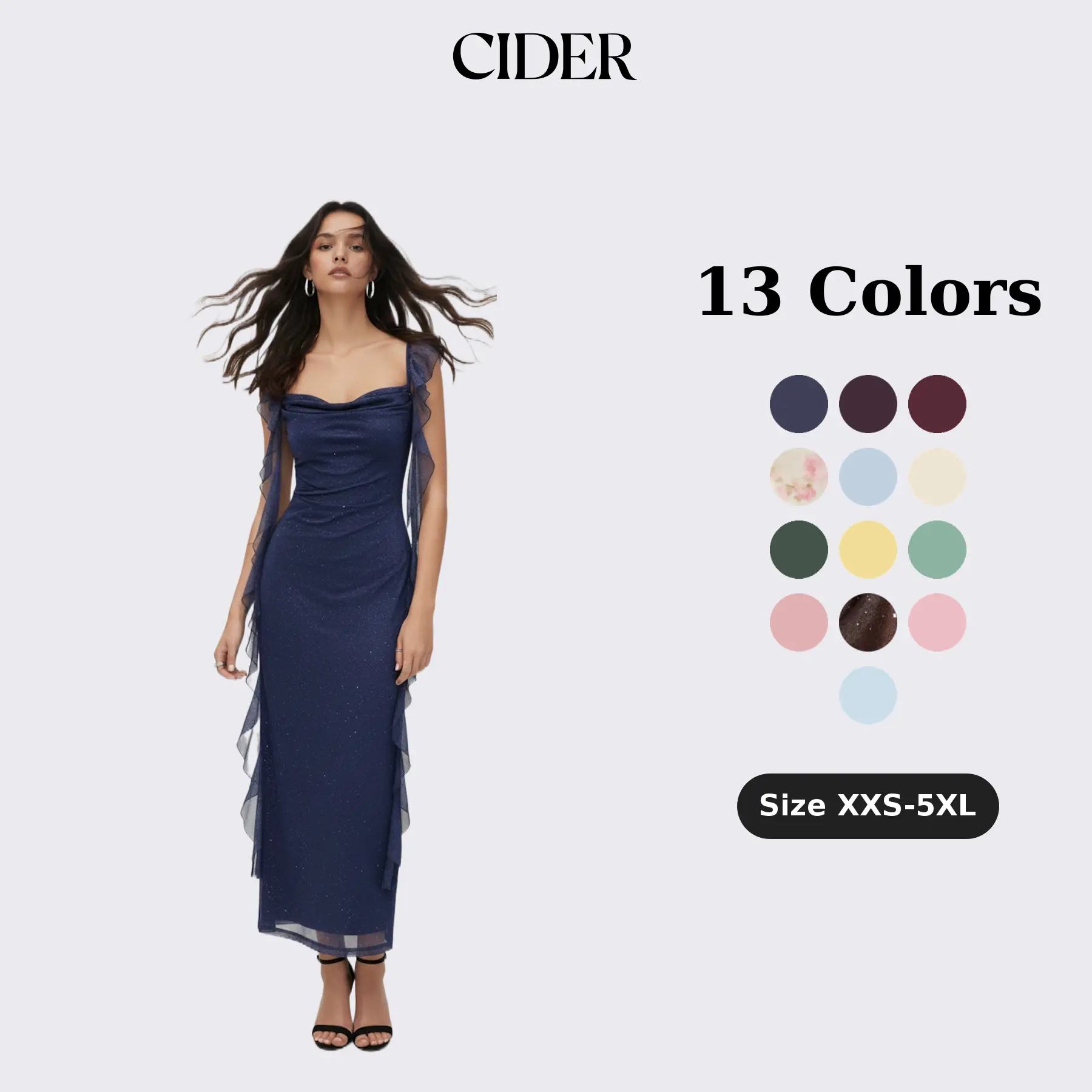 Cider Cowl Neck Solid Glitter Ruffle Hem Maxi Dress