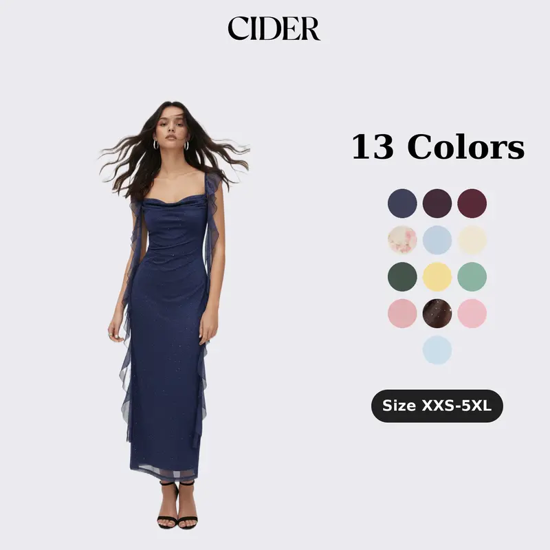 Cider Women's Elegant Knit Elastane Maxi Dress - Pull-On Cowl Neck, Solid Glitter Detail, Ruffle Hem, Evening Formal, Wedding Guest Wear, Womens Dresses for Women