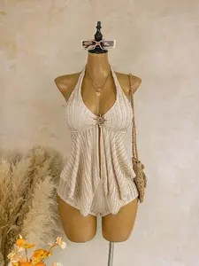 Women's Summer Peach Color Vertical Texture Halter V-Neck Swimsuit Set, Sun Button Split Skirt Bottoms, Beach Party Two-Piece Swimwear