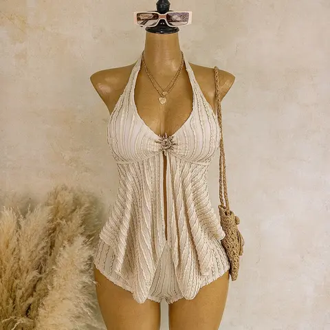 Women's Summer Peach Color Vertical Texture Halter V-Neck Swimsuit Set, Sun Button Split Skirt Bottoms, Beach Party Two-Piece Swimwear, Tankini Swimsuits Sets, Swimsuit Beachwear, Tankini Outfit Swimsuit